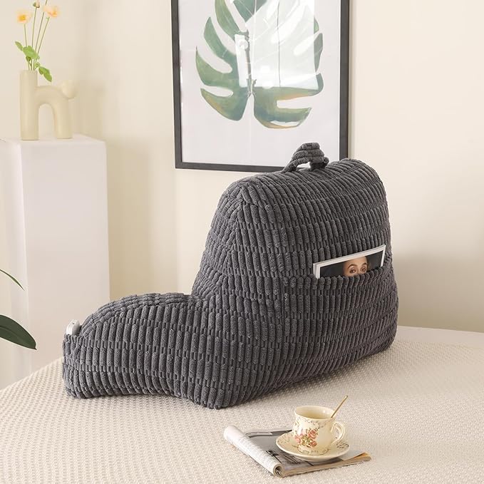 Reading Pillow for Sitting in Bed, Large Backrest Reading Pillow with Arm Rest,Back-Rest Support Cushion for Sit Up on Couch, Sofa, and Floor, Dorm Essentials (Grey Corduroy, Large(19"))