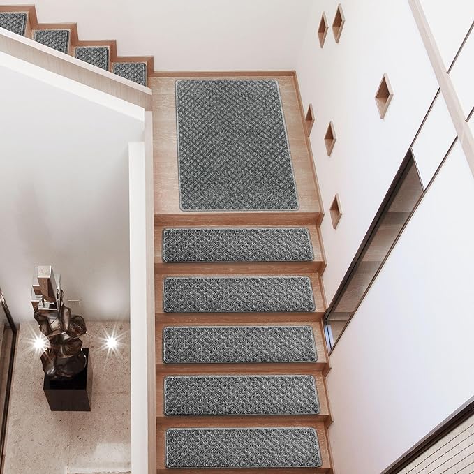PURE ERA Carpet Stair Treads Tape Free Non Slip Indoor Stair Carpet Stair Protectors Pet-Friendly Non-Slip Skid Resistant Washable Reusable 8" x 30"(14 Pieces,Gray Mini-Diamond Trellis)