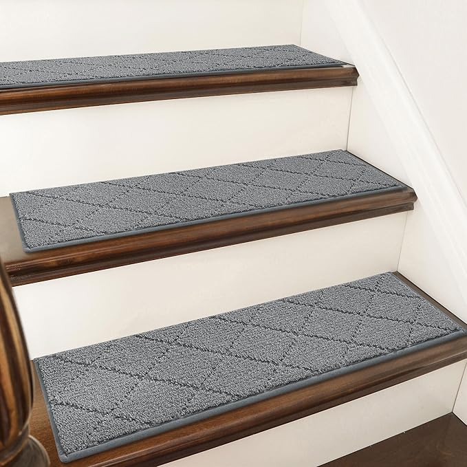 COSY HOMEER Stair Treads for Wooden Steps 9"x28" Washable Indoor Carpet Stair Treads Non Slip Soft Polyester Stair Carpet Tread Reusable Stair Runner Rugs for Kids, Elders,Pets,Medium Grey,7pcs