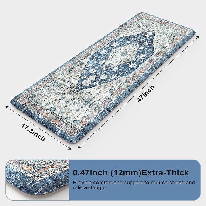 Collive Kitchen Mats for Floor, Boho Non Slip Kitchen Cushion Rug Kitchen Floor Mats Anti Fatigue for Office, Laundry, Sink, 17”x47”Dark Blue Non-Skid Waterproof Standing Desk Mat