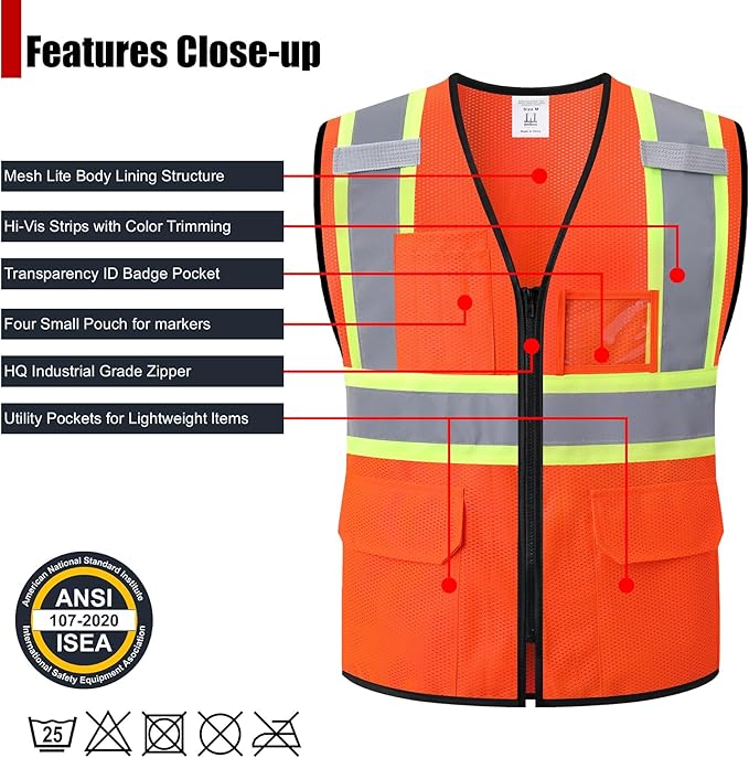 Reflective Safety Vest for Men Women Hi Vis Vest with Pockets High Visibility Vest Mesh Construction Vests Meets ANSI/ISEA Standards (Orange-33, 2X-Large)