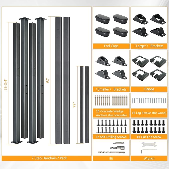DIYHD 7 Step Handrail for Outdoor,Powder Coated Iron Stair Railing,Black Hand Rails for Indoor, Porch,Deck,2 Pack