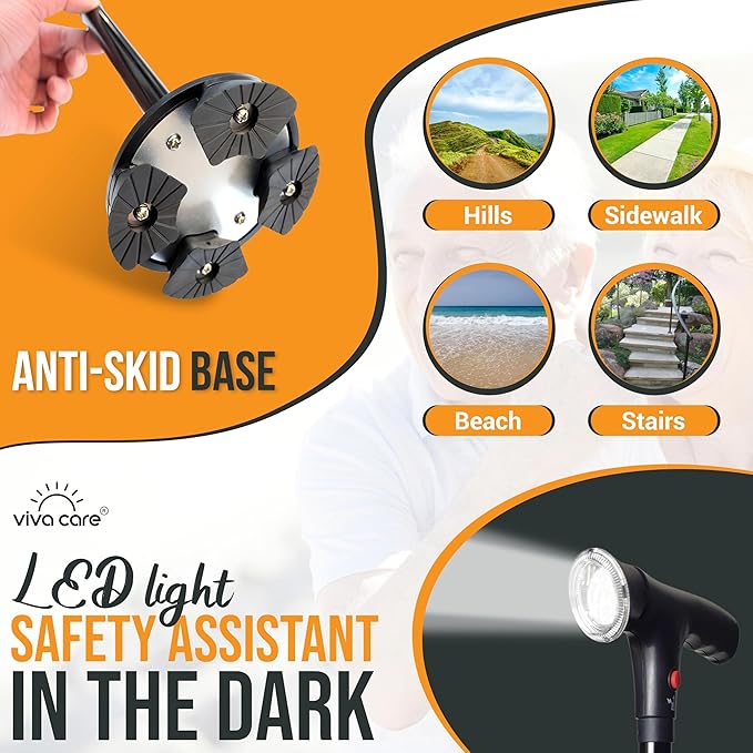 VIVA CARE Walking Cane with Light & Alarm - Foldable, Adjustable, Lightweight, for Balance & Stability for Adults, Seniors, and Injured. [Black]