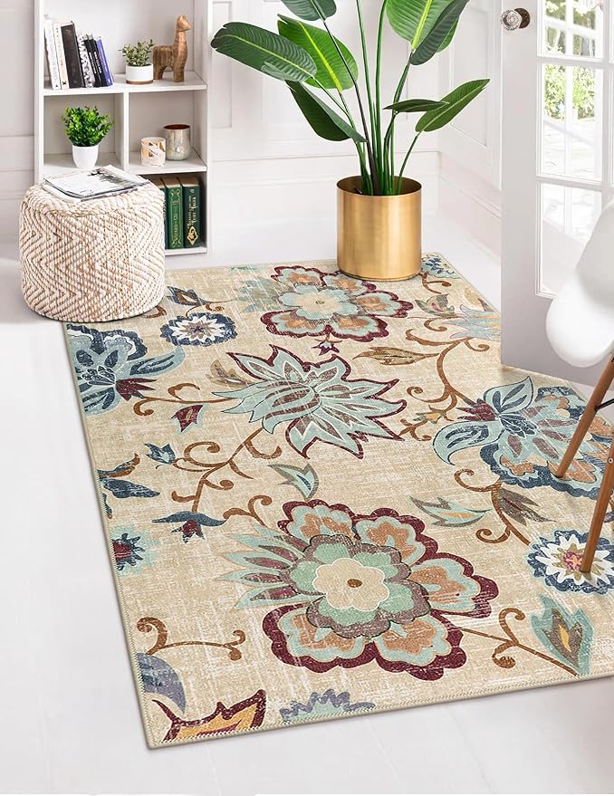 Beeiva Floral Bedroom Rugs, 4x6 Rug with Rubber Backing Ultra Thin Vintage Washable Rugs Foldable Carpets for Living Room Rug Paisley Print Beige Rug for Entryway Bathroom Office