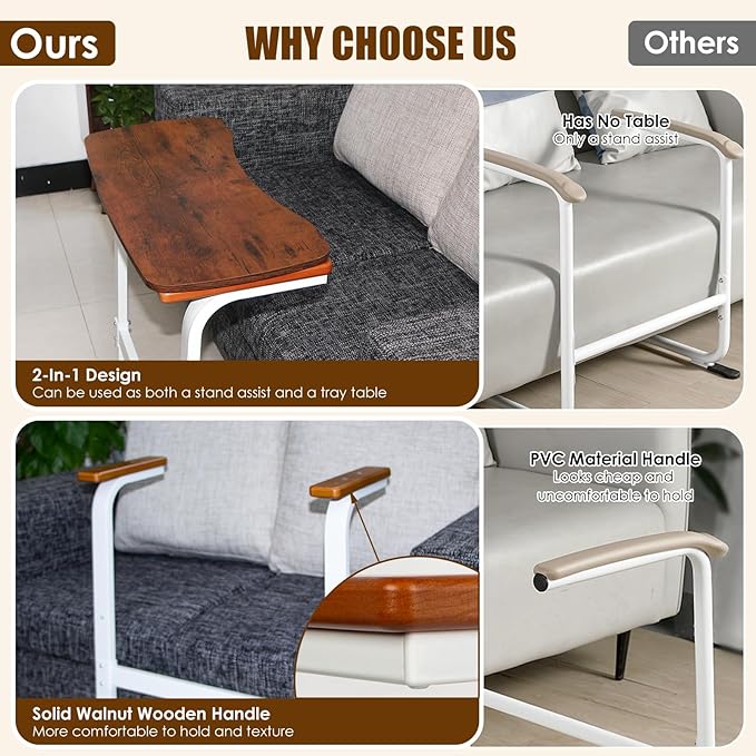 Couch Stand Assist with Detachable Tray - Chair Lift Assist Devices for Seniors, Multifunctional Sitting and Standing Aid with Real Wood Handle, Heavy-Duty Square Metal Frame