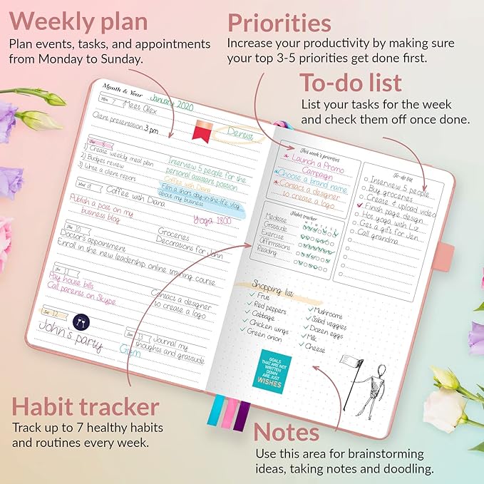 GoGirl Planner and Organizer for Women – Compact Size Weekly Planner, Goals Journal & Agenda to Improve Time Management, Productivity & Live Happier. Undated – Start Anytime, Lasts 1 Year – Peach Pink