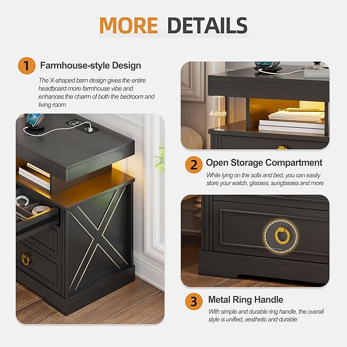 Gurexl Farmhouse Set of 2 Night Stand with Lockable Gun Drawer,LED Nightstand with Charging Station,Bedside Table with Human Sensor 3-Color Lights,End Table with 3 Drawers,Bedroom,Black