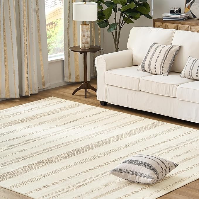 jinchan Moroccan Boho 8x10 Area Rugs for Living Room - Machine Washable Neutral Soft Throw Rug Bohemian Ripple Design Non-Slip Carpet for Bedroom Dining Room Home Office (8‘x10', Beige)