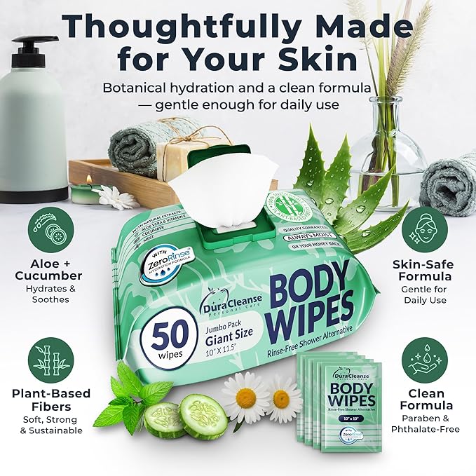Body Wipes for Women - Sensitive Skin (Gentle Clean) - 1 Pack (54 Wipes), Extra Moist No-Rinse Bathing Wipes, Waterless Shower Alternative for Travel, Gym & Women's Hygiene