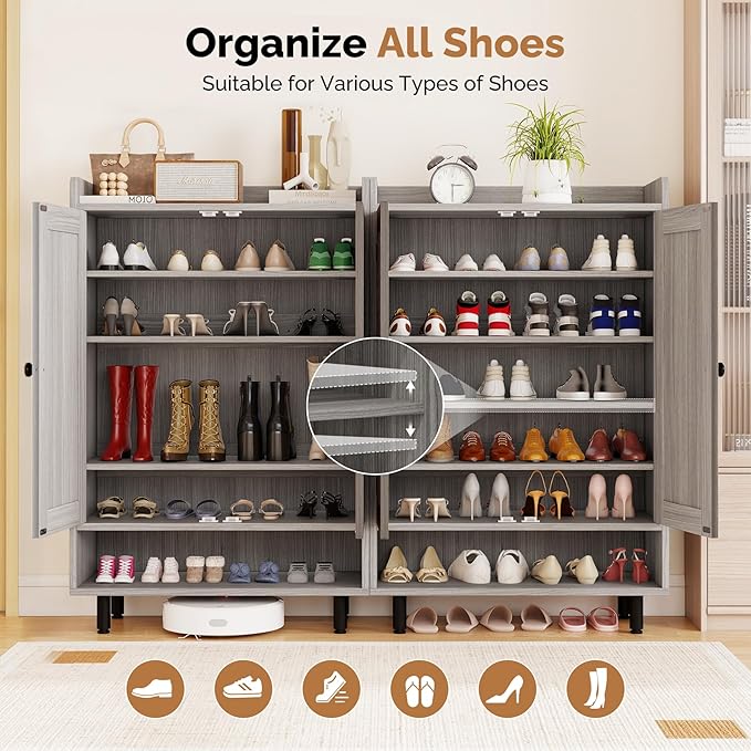 Entrance Shoe Cabinet with Doors,6-Tier Farmhouse Shoe Storage Organizer with Adjustable Shelves Holds 18-28 Pairs and Metal Legs, Entry Organizer Entryway, Living Room (Grey)