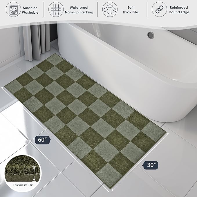 PURRUGS Bathroom Rug Non-Slip Machine Washable 30" x 60", Super Absorbent and Quick-Dry Bath Mat, Extra Soft and Plush Bath Rug for Shower, Bathtub and Sink, Sage Green & Olive Green