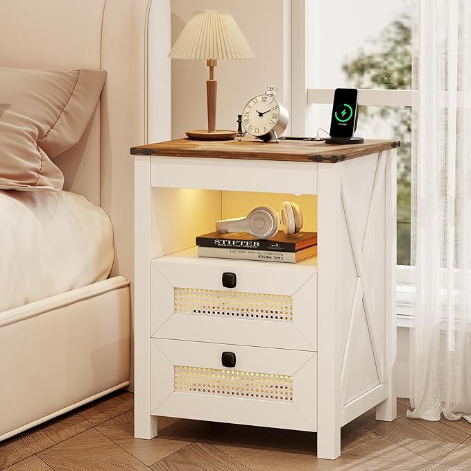 Nightstand with Gun Drawer, Rattan Bedside Table with Charging Station, LED End Table with Human Sensor Light, Gun Night Stand for Bedroom Living Room, Farmhouse Design, White