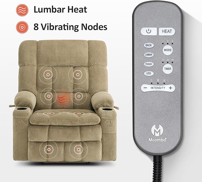 MCombo Oversized Power Lift Recliner Chair for Elderly, Dual Motor Lift Chair with Heat and Massage, Lay Flat Lift Chair for Big and Tall, Cup Holders, Fabric R7891 (Oversize, Beige)