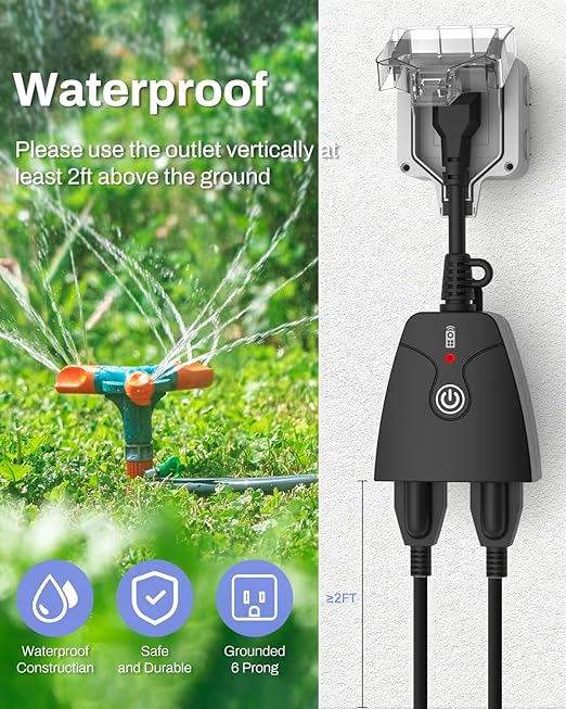 HBN Outdoor Wireless Remote Control Outlet Plug,Weatherproof Heavy Duty Power Strip,Indoor Electrical Plugs for Light Switch,6-inch Cord,100ft Range, ETL Listed(15A,Dual 3-Prong Outlets)
