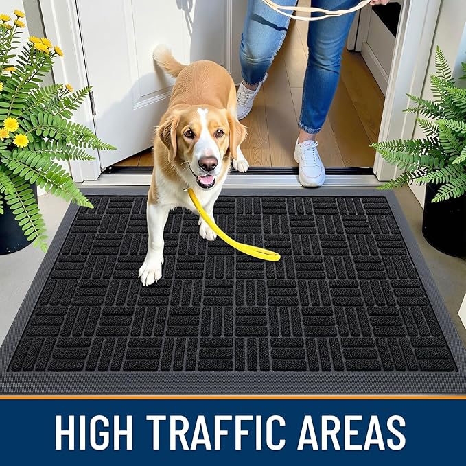 OLANLY Front Door Mat Outside Entrance 33x21, Absorbent, Heavy Duty Sturdy Natural Rubber Doormat Indoor Outdoor, Stain and Fade Resistant, Non-Slip Backing Low Profile Floor Mat for Entryway, Black