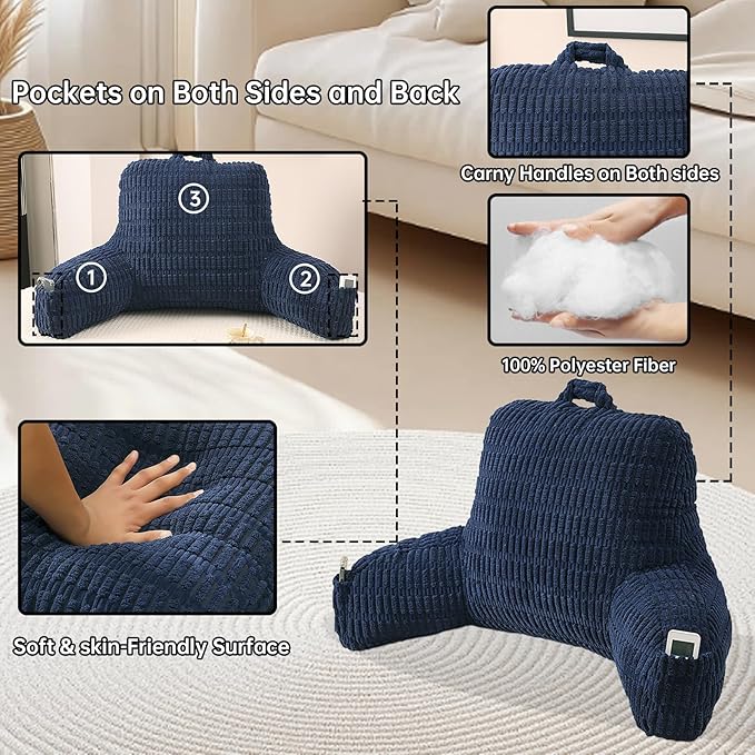 Reading Pillow for Sitting in Bed, Large Backrest Reading Pillow with Arm Rest,Back-Rest Support Cushion for Sit Up on Couch, Sofa, and Floor, Dorm Essentials (Dark Blue Corduroy, Standard(17"))