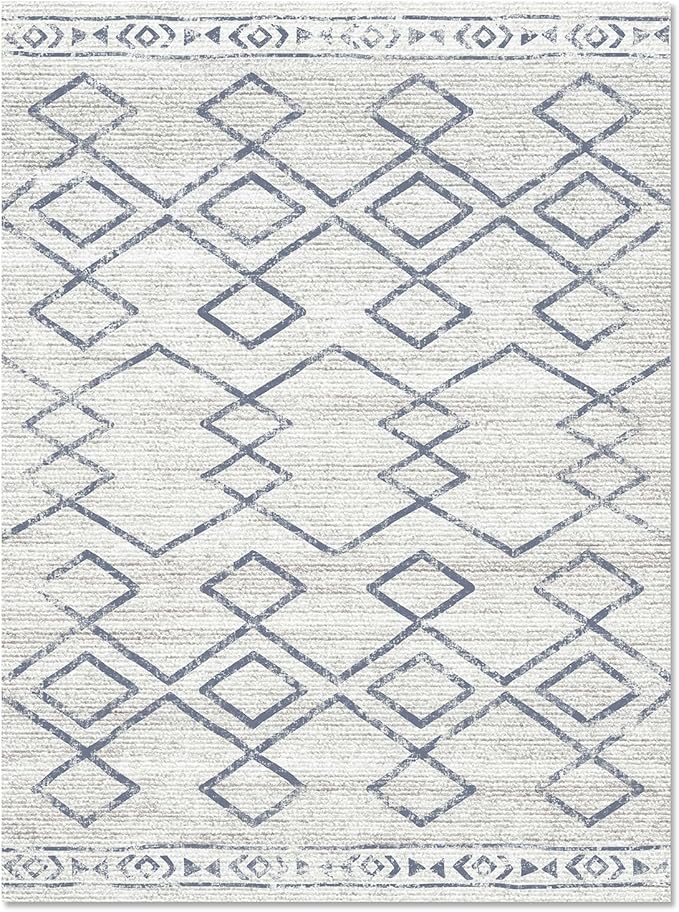 jinchan 3x5 Area Rugs for Entryway - Machine Washable Modern Rug Kitchen Soft Faux Wool Stain Resistant Non-Slip Ultra-Thin Low-Pile Geometric Carpet for Entrance Bedroom Living Room (3x5ft,Blue)