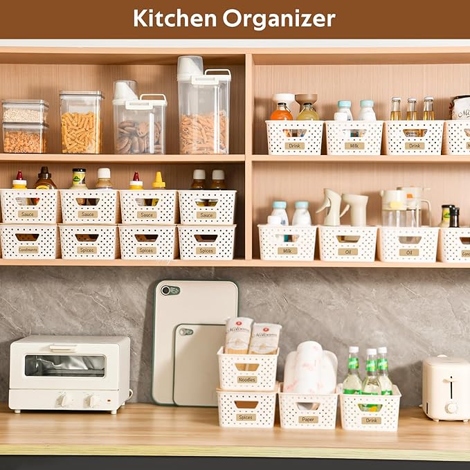 8 Pack Plastic Storage Bins with Bamboo Lids - Stackable Storage Baskets with Handle for Pantry Organizer and Storage, Plastic Containers Bins for Kitchen Bathroom Classroom Office Shelves