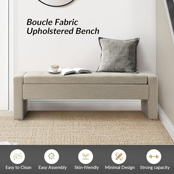 55" Modern Upholstered Storage Bench with Tufted Seat, Fabric Ottoman Bench for Bedroom, Entryway, or Living Room, Soft Close Hinge,Beige