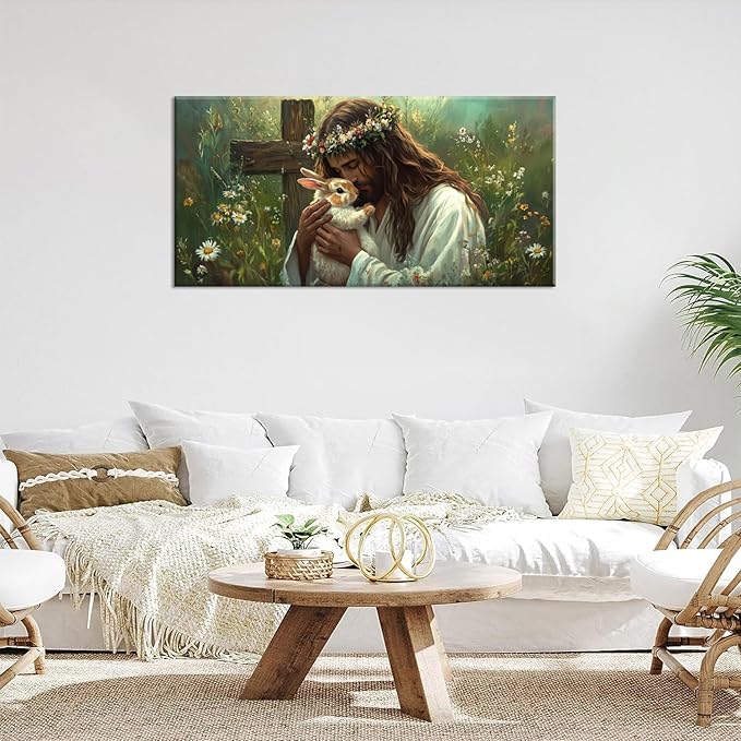 Green Jesus Love Wall Art for Living Room Canvas Painting Prints GOD Embrace Rabbit Bunny Spiritual Faith Crucifix Cross Vintage Art Deco Spring Artwork Office Bedroom Farmhouse Decor Extra Large