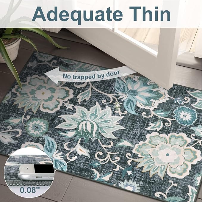 Beeiva Floral Entry Rugs for Inside House,2x3 Non Slip Washable Kitchen Rug Front Door Mat, Ultra Thin Doormat Non-Shedding Throw Carpet for Bedroom Bathroom (Blue,2'x3')