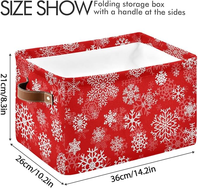 Christmas White Snowflakes on Red Storage Basket Cube Storage Bins Organizer Bag Collapsible Closet Shelf Baskets with handle for Cloth Book 14.2×10.2×8.3 IN