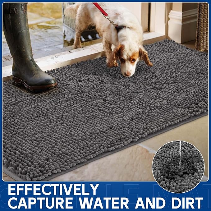 Chenille Absorbent Front Door Mat 96" x 48", Dog Door Mat for Muddy Paws, Trap Dirt Doormat, Mud Mat for Dogs, Washable Non Slip Outdoor Indoor Doormats for Entryway, Grey