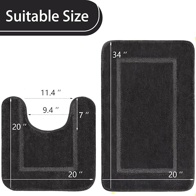LOCHAS Bathroom Rug Set Dark Grey, Soft Bath Rug Set 2 Piece, Toilet Mat U-Shaped 20x20 and 34x20 Bath Rugs, Quickly Dry Mats for Bathroom, Tub, Washable, Super Absorbent Floor Mat