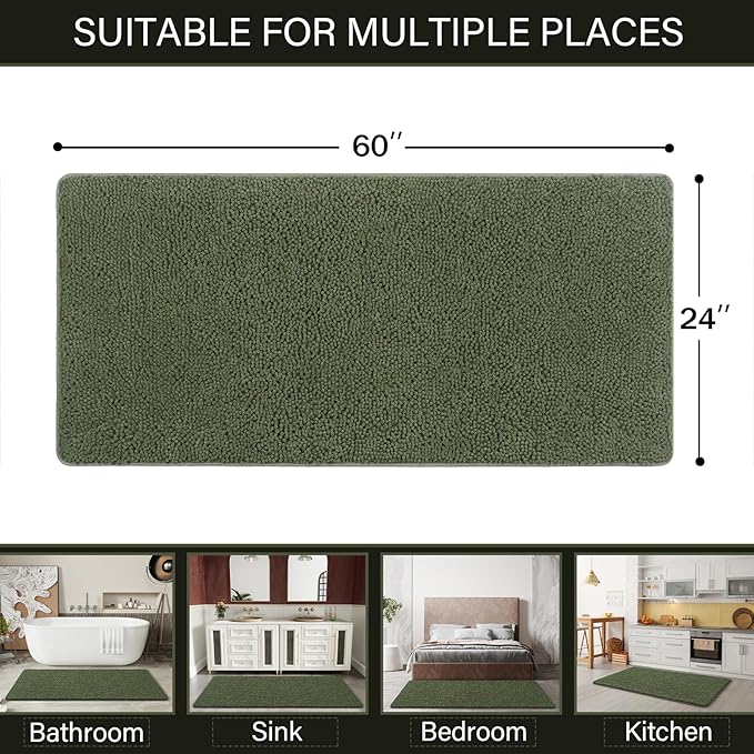LOCHAS Luxury Bathroom Rug Shaggy Bath Mat 24 x 60 Inch, Washable Non Slip Bath Rugs for Bathroom Shower, Soft Plush Chenille Absorbent Carpets Mats, Olive Green