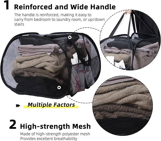 Collapsible Laundry Basket, 90L Foldable Pop-up Laundry Hamper with Handles, Mesh Dirty Clothes Hamper for Laundry, Bathroom, Kids Room, Dorm,Travel or Camping (Black)