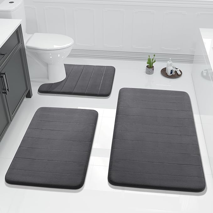 Yimobra 3 Pieces Memory Foam Bath Mat Set with U-Shaped Toilet Rug - Non Slip Super Soft Absorbent Quick Dry Bathroom Rugs for Bathtub, Vanity & Toilet Base, Dark Gray