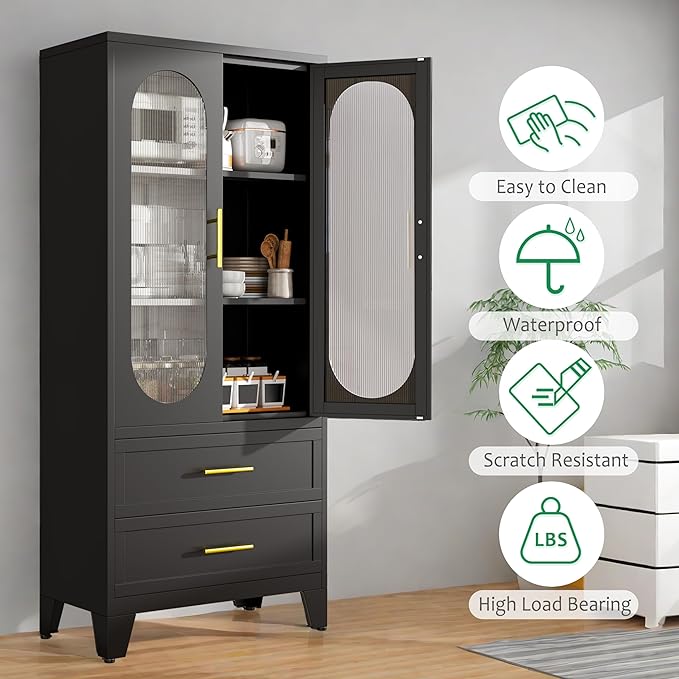 Metal Garage Storage Cabinet, Kitchen Pantry Storage Cabinet with 2 Drawers and 2 Adjustable Shelves Versatile Storage for Homes Offices Gym Basement Warehouse (Black)