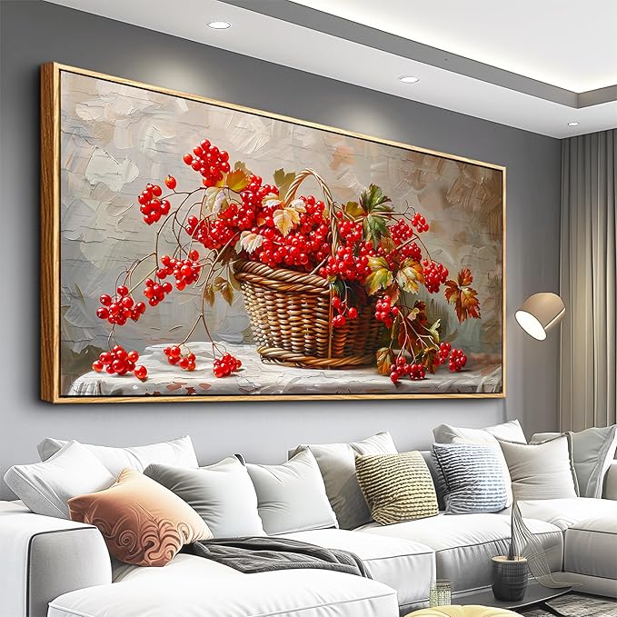 PHAOHUAXM Canvas Wall Art For Living Room Restaurant Wall Decoration For Office Bedroom Bathroom Abstract Red Fruit Mural Wooden Frame Printing Picture Artworks Modern Home Decor Aesthetics 24"X48"