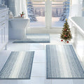 BSICPRO Bathroom Rugs Sets 3 Piece, Toilet Rugs U-Shaped Contour Bath Mat Set, Striped Absorbent Non Slip Chenille Shower Mat, Fog Blue