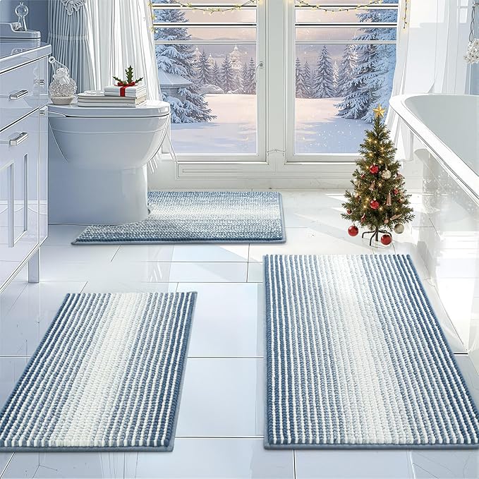 BSICPRO Bathroom Rugs Sets 3 Piece, Toilet Rugs U-Shaped Contour Bath Mat Set, Striped Absorbent Non Slip Chenille Shower Mat, Fog Blue