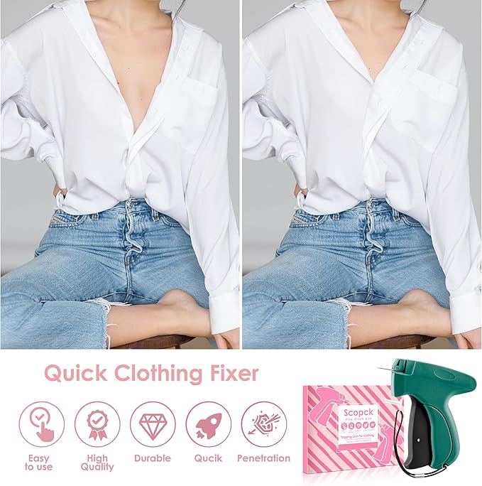 Stitch Gun for Clothes - Handheld Stitch Tag Gun Quick Clothing Fixer - Mini Sewing Kit Micro Tagging Gun - Includes 6 Needle, 1000 Black Fasteners & 1000 White Fasteners (Green-Black)