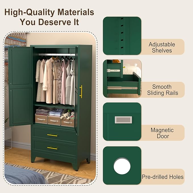 Metal Armoire Wardrobe Closet Storage Cabinet with Hanging Rod,71'' Metal Wardrobe Cabinet with 2 Drawers and Adjustable Shelf,2 Doors for Bedroom, Laundry Room, Cloak Room