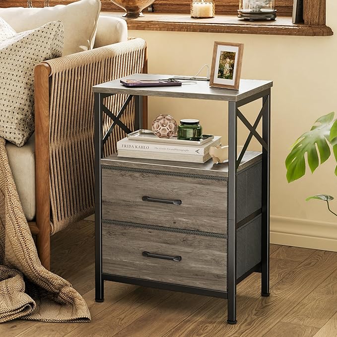 Huuger Nightstands Set of 2, Night Stand with Charger Station, 2 Drawer Side Table with Open Shelf, USB-C Port, End Table for Small Spaces, X Shaped Side Rail, Oak