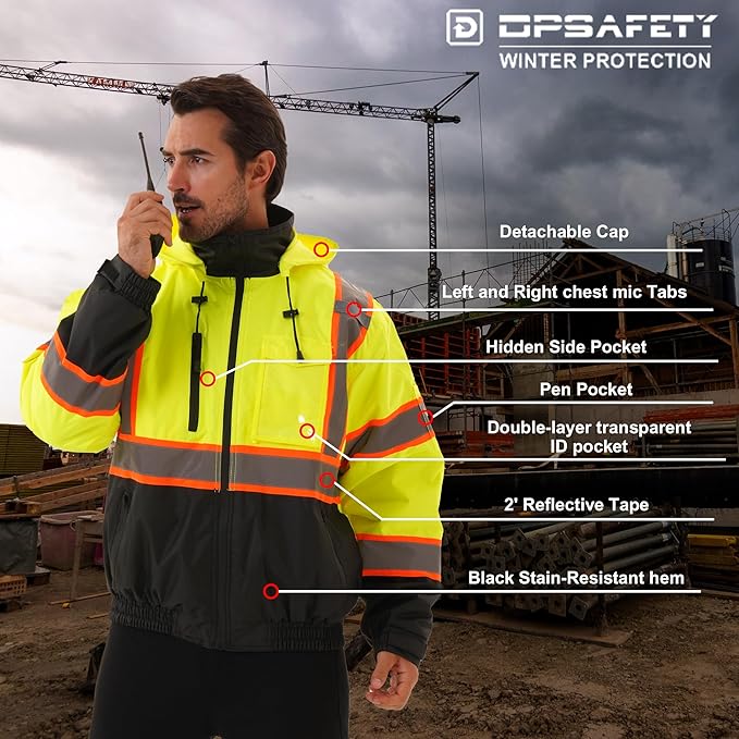 Hi Vis Safety jacket for men,Reflective high Visibility Hooded jacket,Work Bomber Jacket with Pockets and Zipper,Waterproof,ANSI Class 3 Black Bottom Yellow,Medium