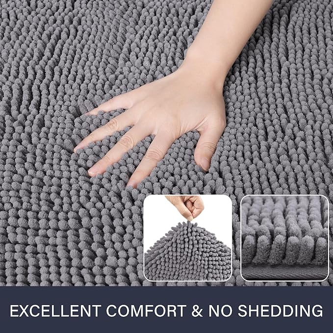 LOCHAS Luxury Bathroom Rug Shaggy Bath Mat 24 x 44 Inch, Washable Non Slip Bath Rugs for Bathroom Shower, Soft Plush Chenille Absorbent Carpets Mats, Gray