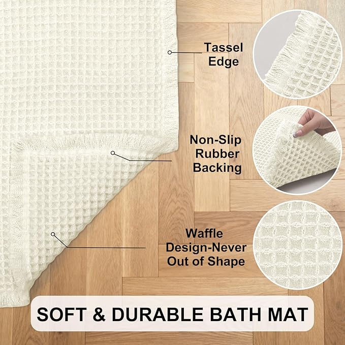 Hiasan Waffle Bath Mat, Super Absorbent Non Slip Bathroom Boho Rug with Tassels, Machine Washable Bath Mats for Bathroom, Ultra Soft Rubber Backed Rug, White, 24 x 60 Inches
