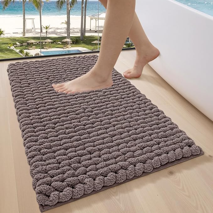 LUMI Luxury Bathroom Rug, Ultra Soft Quick Dry Bath Mat, Non-Slip Absorbent Thick Chenille Bath Rug, Cozy Braid Design Floor Mat for Bathtub, Sink, Laundry, Bedroom, Brown, 17"x30"