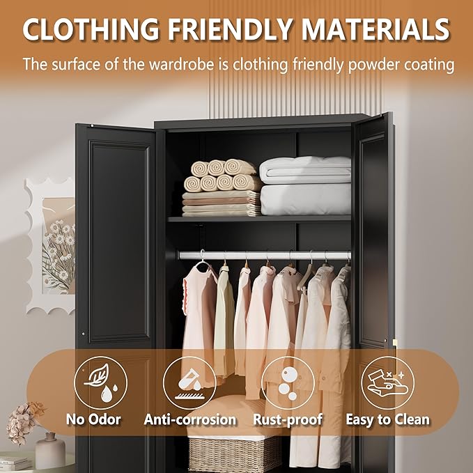 Metal Armoire Wardrobe Closet with Hanging Rod, 71" Tall Wardrobe Cabinet for Clothes, Black Clothing Storage Cabinet with Doors and Shelves, Large Wardrobes for Bedroom, Office, School, Gym