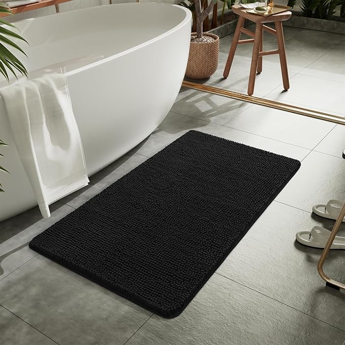 LOCHAS Luxury Bathroom Rug Shaggy Bath Mat 24 x 48 Inch, Washable Non Slip Bath Rugs for Bathroom Shower, Soft Plush Chenille Absorbent Carpets Mats, Black