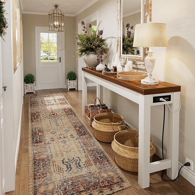 Cyclysio 63" Console Tables for Entryway, Long Console Tables for Living Room, Behind Couch Table, Sturdy Wood Support Farmhouse Entryway Table with 3AC+2USB Charging‌ Station, Rustic Oak