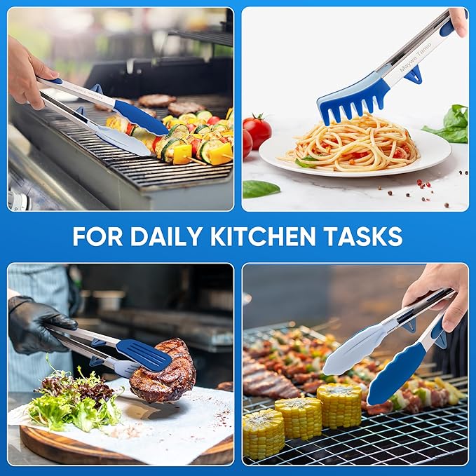 5-Pack Silicone Tongs for Cooking,Maywe Tanso 4PCS 13-Inch Kitchen Tongs with Silicone Tips,Nonstick Stainless Steel Tong for Steak Pie Pizza Pasta Spaghetti Salad BBQ Buffet,Plus Brush