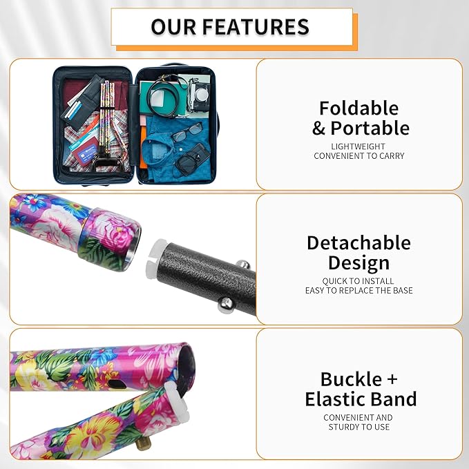 Walking Cane for Women & Men, Adjustable Quad Cane with 4-Prong Base for Stability and Balance, Folding Aluminum Walking Stick for Seniors