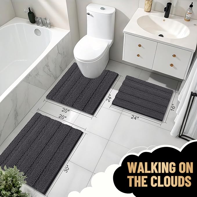 OLANLY Thick Bathroom Rugs 24x16, Extra Soft Absorbent Chenille Striped Bath Rugs, Rubber Backing, Machine Wash Dry, Bath Mats for Bathroom Floor, Tub and Shower, Home Decor Accessories, Dark Grey
