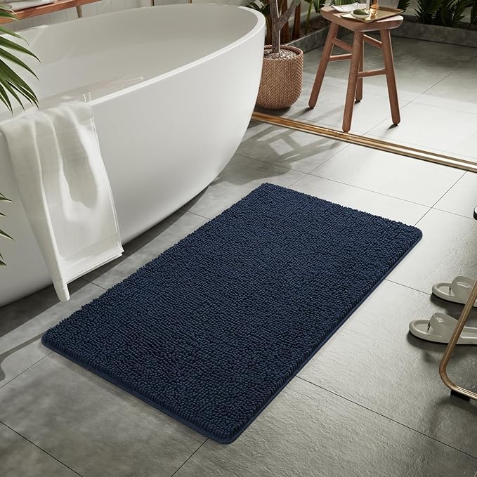 LOCHAS Luxury Bathroom Rug Shaggy Bath Mat 24 x 48 Inch, Washable Non Slip Bath Rugs for Bathroom Shower, Soft Plush Chenille Absorbent Carpets Mats, Navy