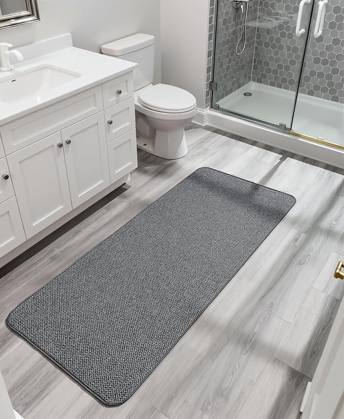 Bath Mat,Ultra Thin Bathroom Runner Rugs,Large Bath Mats for Bathroom,Quick Dry,Non-Slip,Machine Washable,Low Pile,Bath Rug,Shower Outside,Sink,Home Decor Accessories.Dark Grey,2'x5'（24x60inch）